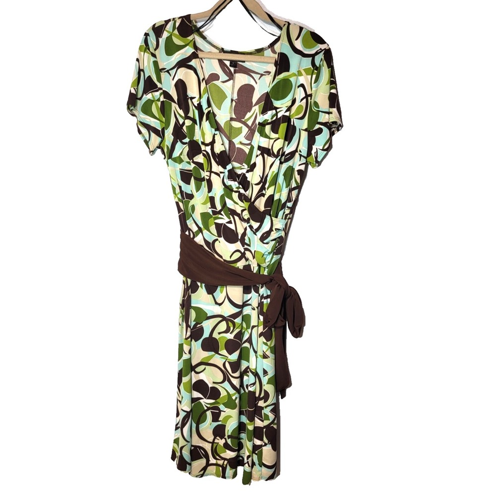 I. N. Studio Faux Wrap Geometric Dress Short Sleeve Tie Waist USA Size 18 Career
